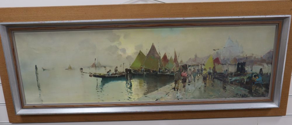 Italian School, oil on canvas, Figures on a jetty with Venice beyond, indistinctly signed, 33 x 114cm